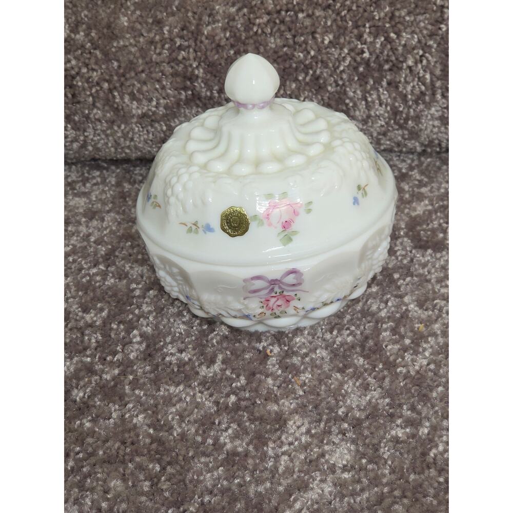 Westmorland glass hand painted milk glass with label